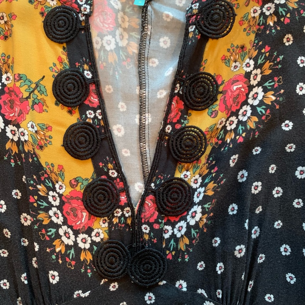 FARM Rio Black and Mustard Rose-Print Dress with Black Trim